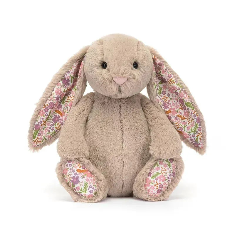 Pluschtierland Beigefarbenes Hasen-Kuscheltier mit Blumenmuster Beigefarbenes Hasen-Kuscheltier mit Blumenmuster