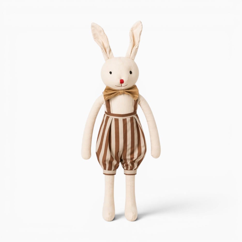 Pluschtierland Beiges Hasen Kuscheltier mit Gestreifter Latzhose Beiges Hasen Kuscheltier mit Gestreifter Latzhose