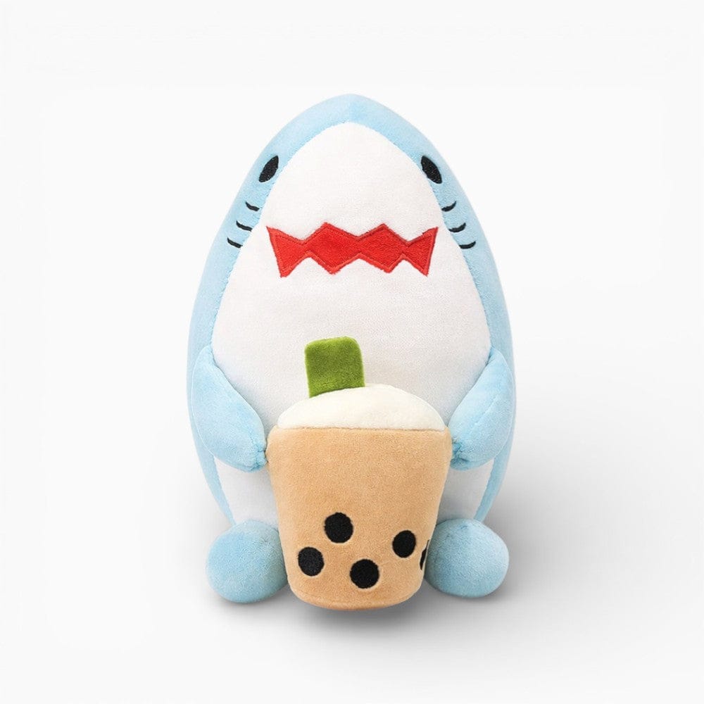 Pluschtierland Blaues Haifisch-Plüschtier mit Bubble Tea Blaues Haifisch-Plüschtier mit Bubble Tea
