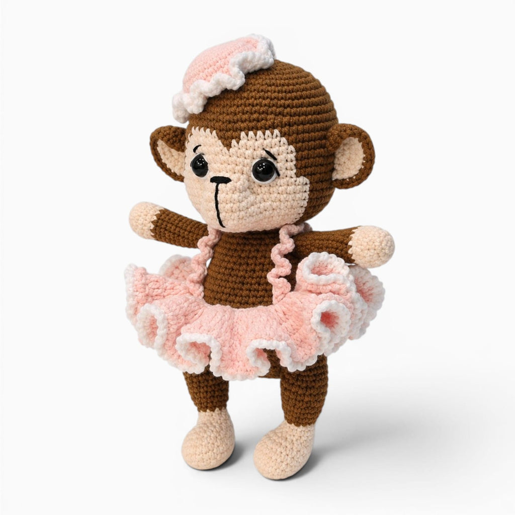 Pluschtierland Braunes gehäkeltes Affen Kuscheltier mit Tutu Braunes gehäkeltes Affen Kuscheltier mit Tutu
