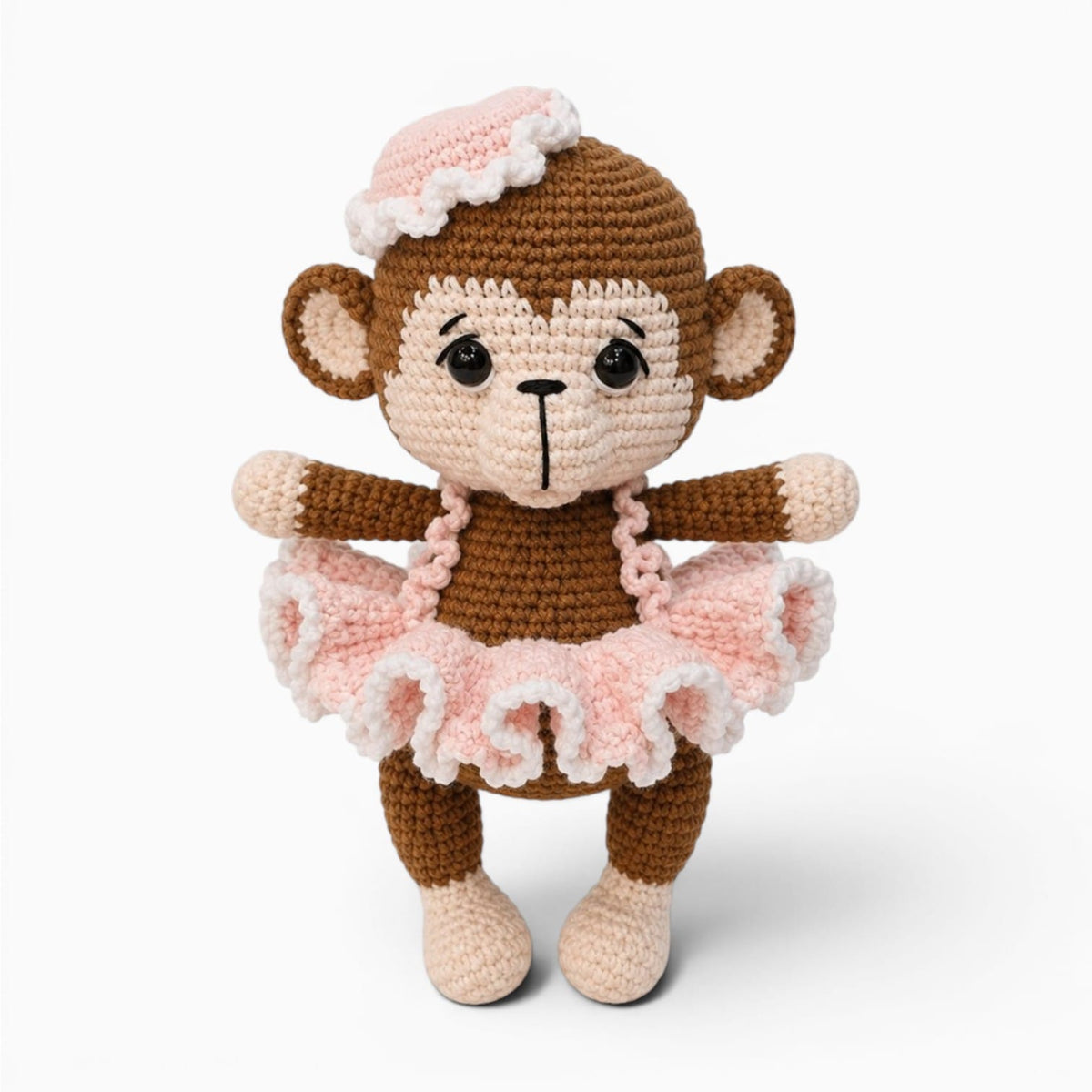 Pluschtierland Braunes gehäkeltes Affen Kuscheltier mit Tutu Braunes gehäkeltes Affen Kuscheltier mit Tutu