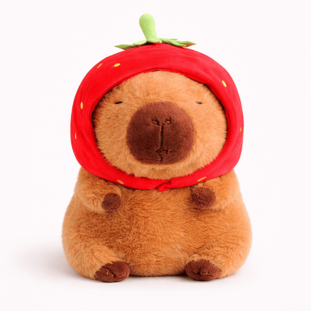 Pluschtierland Capybara Kuscheltier mit Erdbeer-Hut weich Capybara Kuscheltier mit Erdbeer-Hut weich