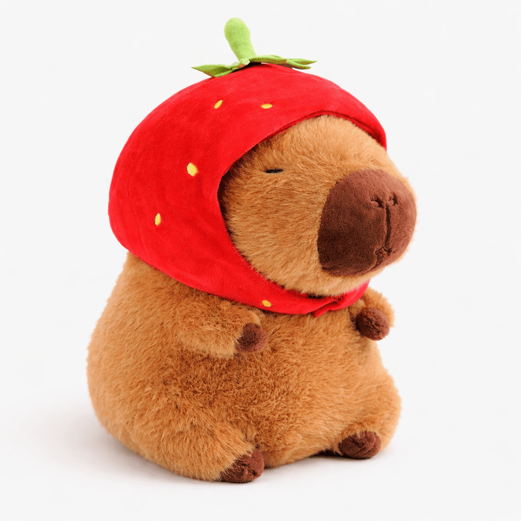 Pluschtierland Capybara Kuscheltier mit Erdbeer-Hut weich Capybara Kuscheltier mit Erdbeer-Hut weich