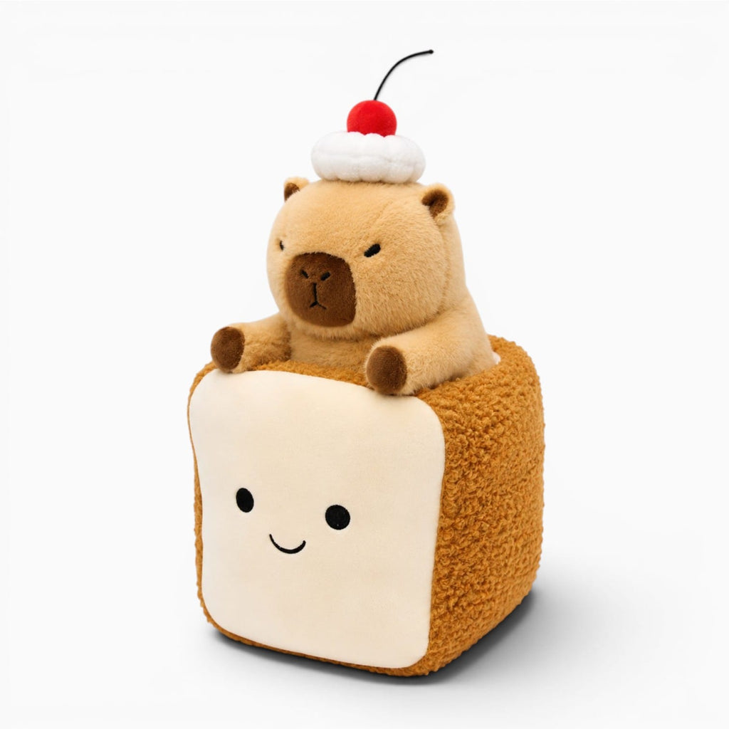 Pluschtierland Capybara Kuscheltier mit Kirsche auf dem Kopf und Brot Capybara Kuscheltier mit Kirsche auf dem Kopf und Brot