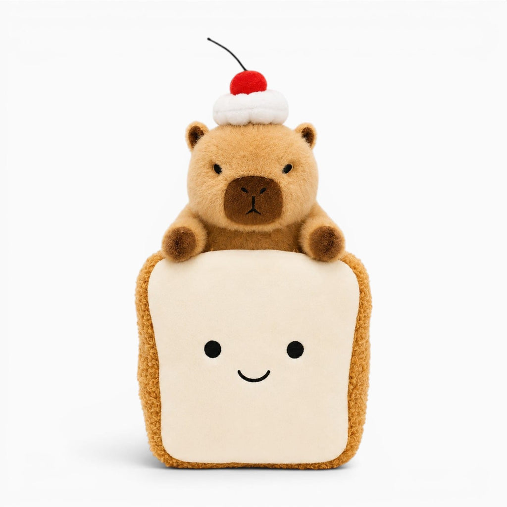 Pluschtierland Capybara Kuscheltier mit Kirsche auf dem Kopf und Brot Capybara Kuscheltier mit Kirsche auf dem Kopf und Brot