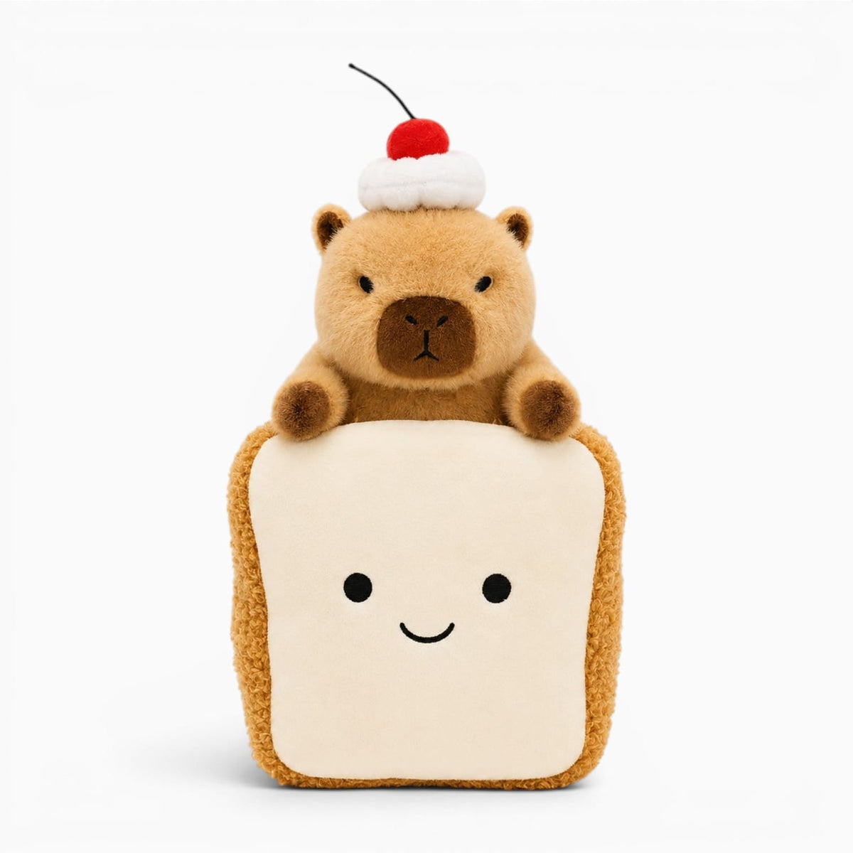Pluschtierland Capybara Kuscheltier mit Kirsche auf dem Kopf und Brot Capybara Kuscheltier mit Kirsche auf dem Kopf und Brot
