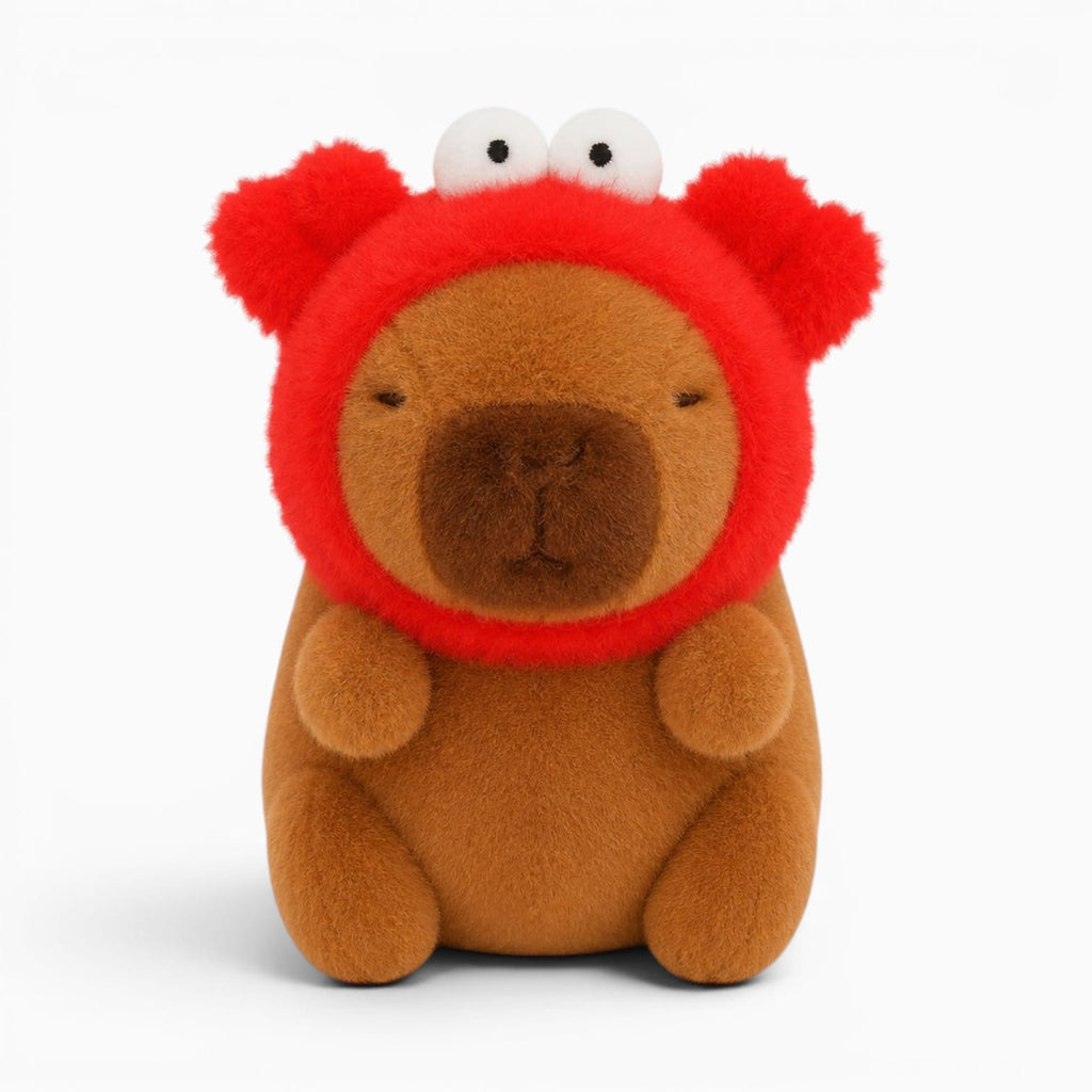 Pluschtierland Capybara Kuscheltier mit Roter Krabbenmütze Capybara Kuscheltier mit Roter Krabbenmütze