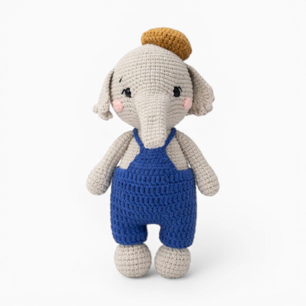 Pluschtierland Gehäkeltes Elefanten Kuscheltier im Blaumann Gehäkeltes Elefanten Kuscheltier im Blaumann