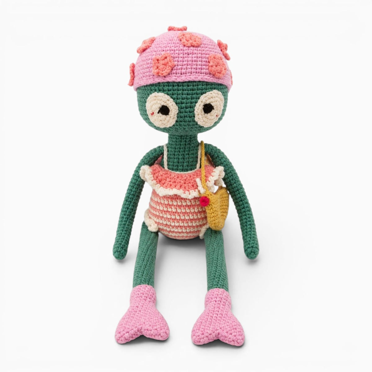 Pluschtierland Gehäkeltes Frosch Kuscheltier mit Badeanzug Gehäkeltes Frosch Kuscheltier mit Badeanzug
