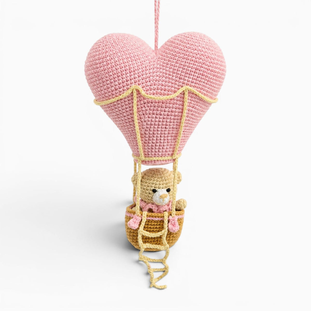 Pluschtierland Handgehäkelter rosa Heißluftballon mit Teddy Handgehäkelter rosa Heißluftballon mit Teddy