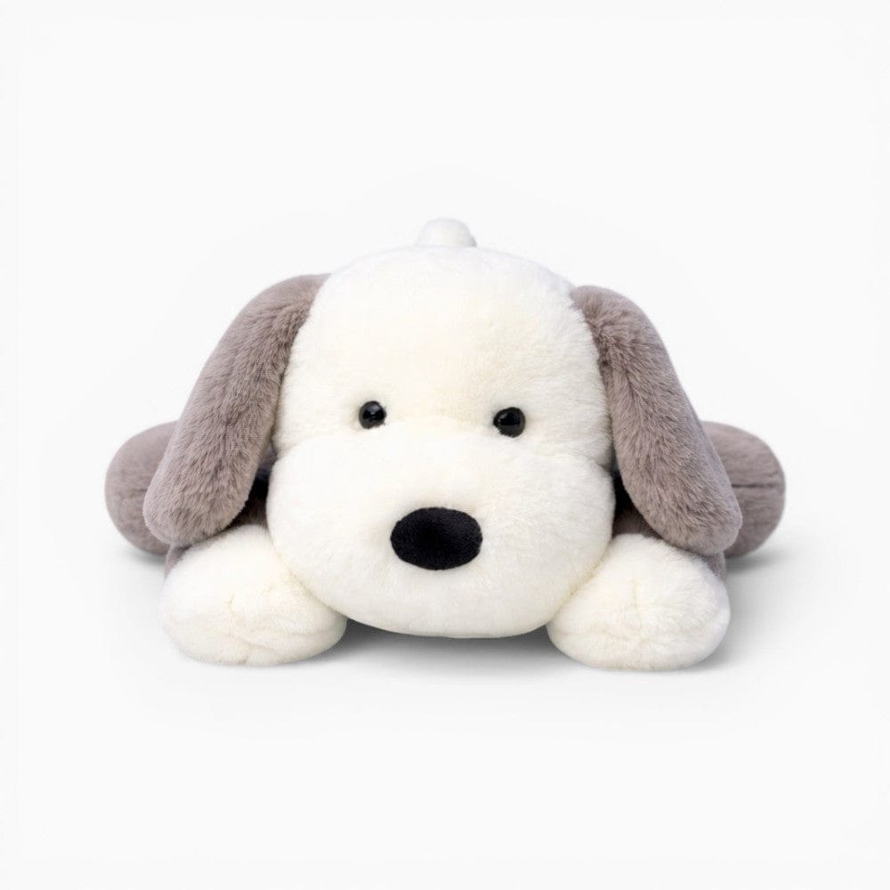 Pluschtierland Liegendes Hund Kuscheltier weiß grau mit großen Schlappohren Liegendes Hund Kuscheltier weiß grau mit großen Schlappohren