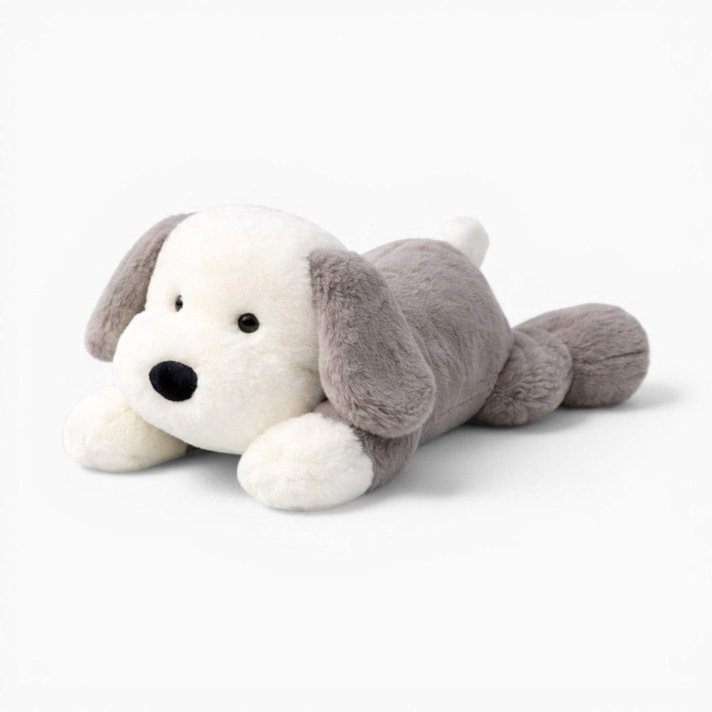 Pluschtierland Liegendes Hund Kuscheltier weiß grau mit großen Schlappohren Liegendes Hund Kuscheltier weiß grau mit großen Schlappohren