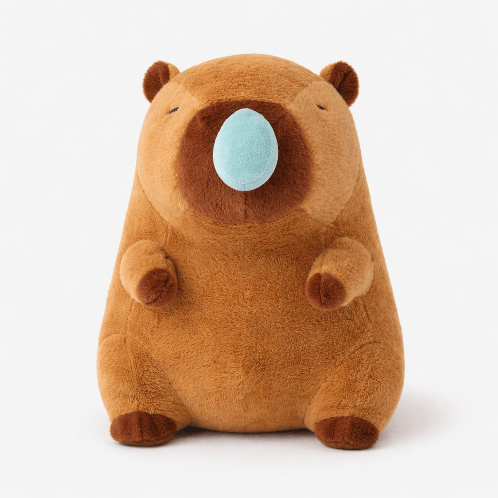 Pluschtierland Schlafendes Capybara Kuscheltier mit blauer Nasenblase Schlafendes Capybara Kuscheltier mit blauer Nasenblase