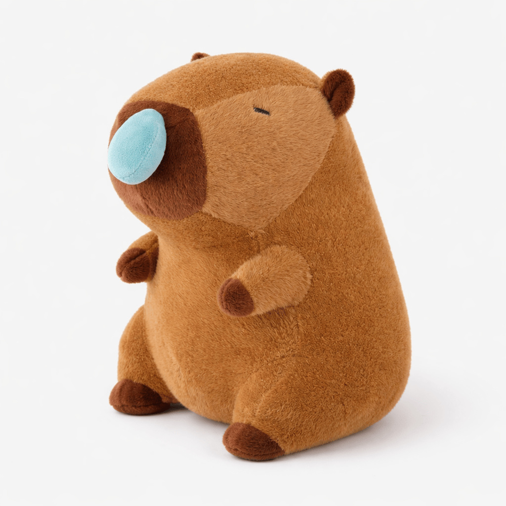 Pluschtierland Schlafendes Capybara Kuscheltier mit blauer Nasenblase Schlafendes Capybara Kuscheltier mit blauer Nasenblase