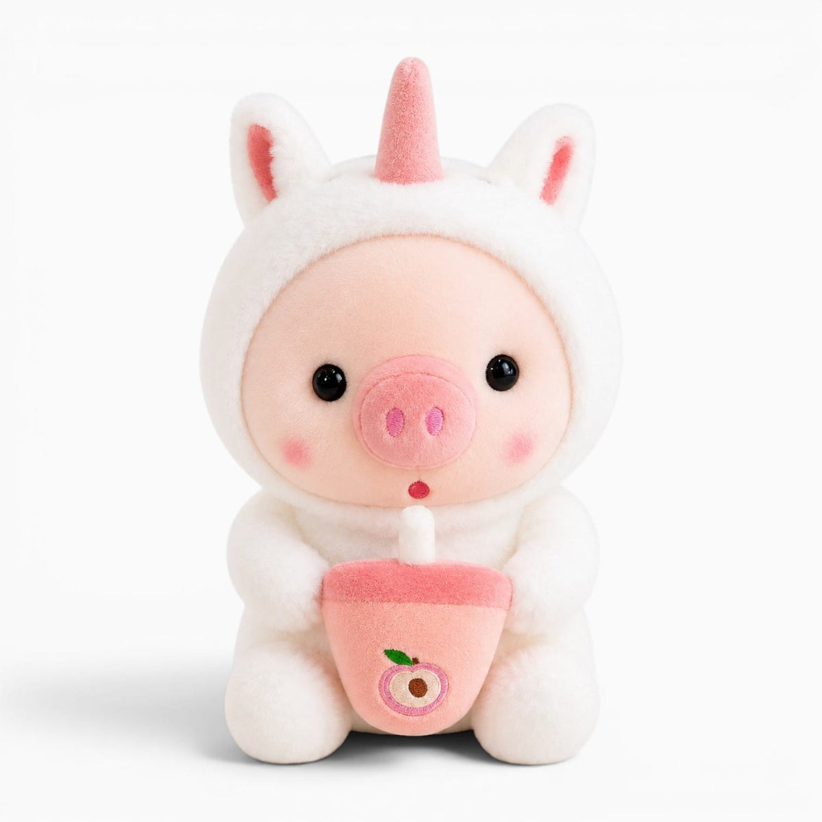 Pluschtierland Schwein-Kuscheltier im Einhornkostüm mit Getränk Schwein-Kuscheltier im Einhornkostüm mit Getränk
