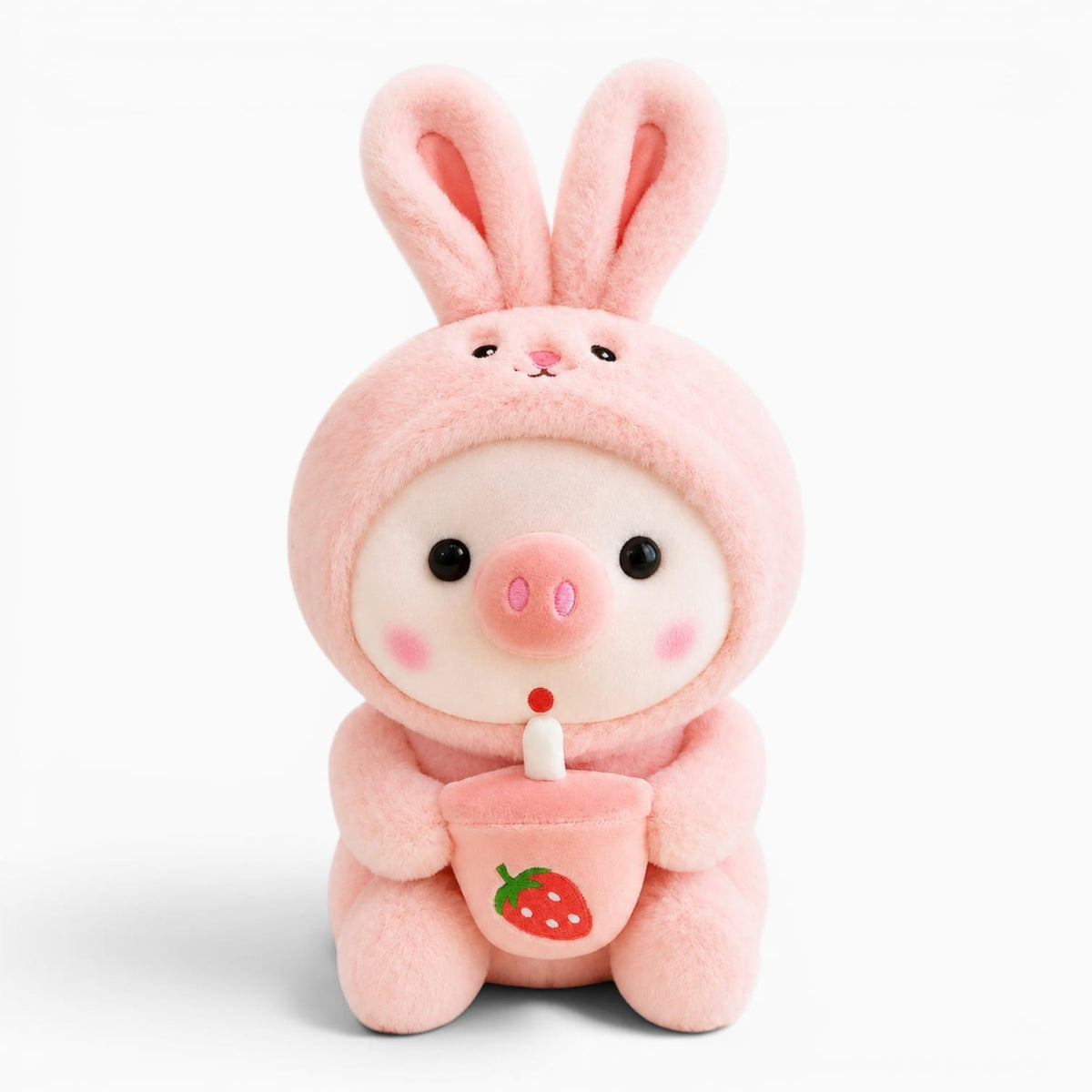 Pluschtierland Schwein-Kuscheltier im Hasenkostüm mit Erdbeergetränk Schwein-Kuscheltier im Hasenkostüm mit Erdbeergetränk
