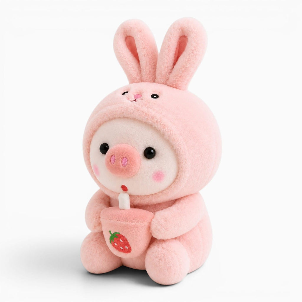 Pluschtierland Schwein-Kuscheltier im Hasenkostüm mit Erdbeergetränk Schwein-Kuscheltier im Hasenkostüm mit Erdbeergetränk