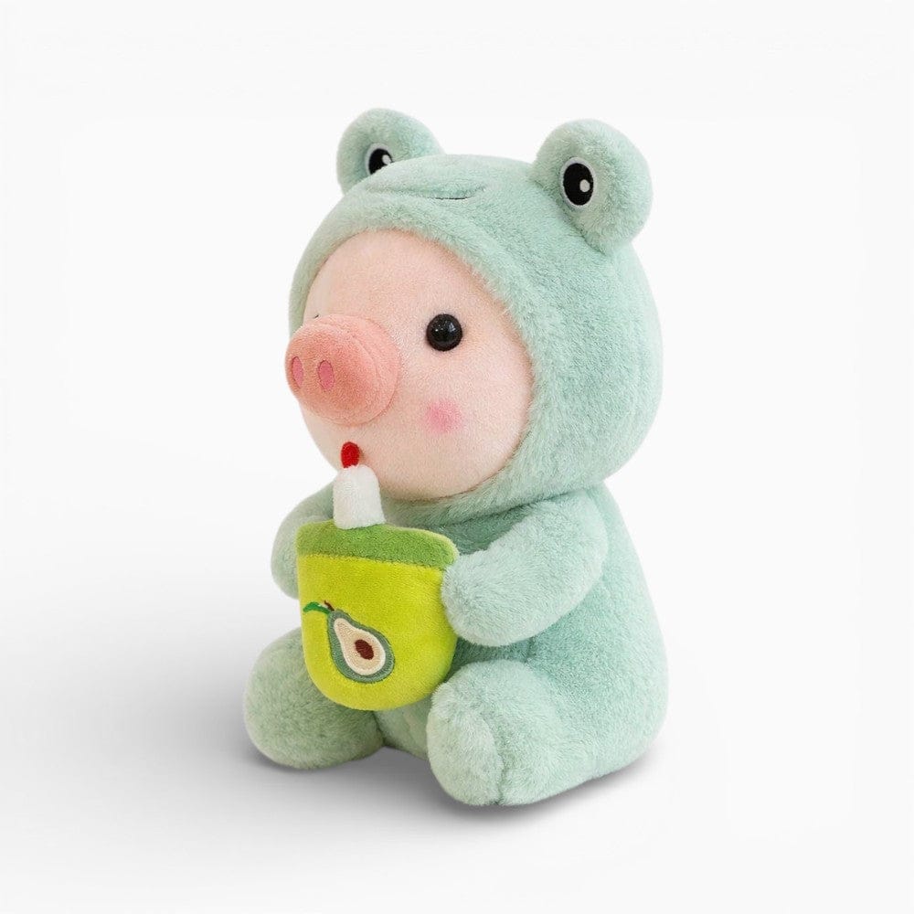 Pluschtierland Schweinchen-Plüschtier im Froschkostüm mit Bubble Tea Schweinchen-Plüschtier im Froschkostüm mit Bubble Tea