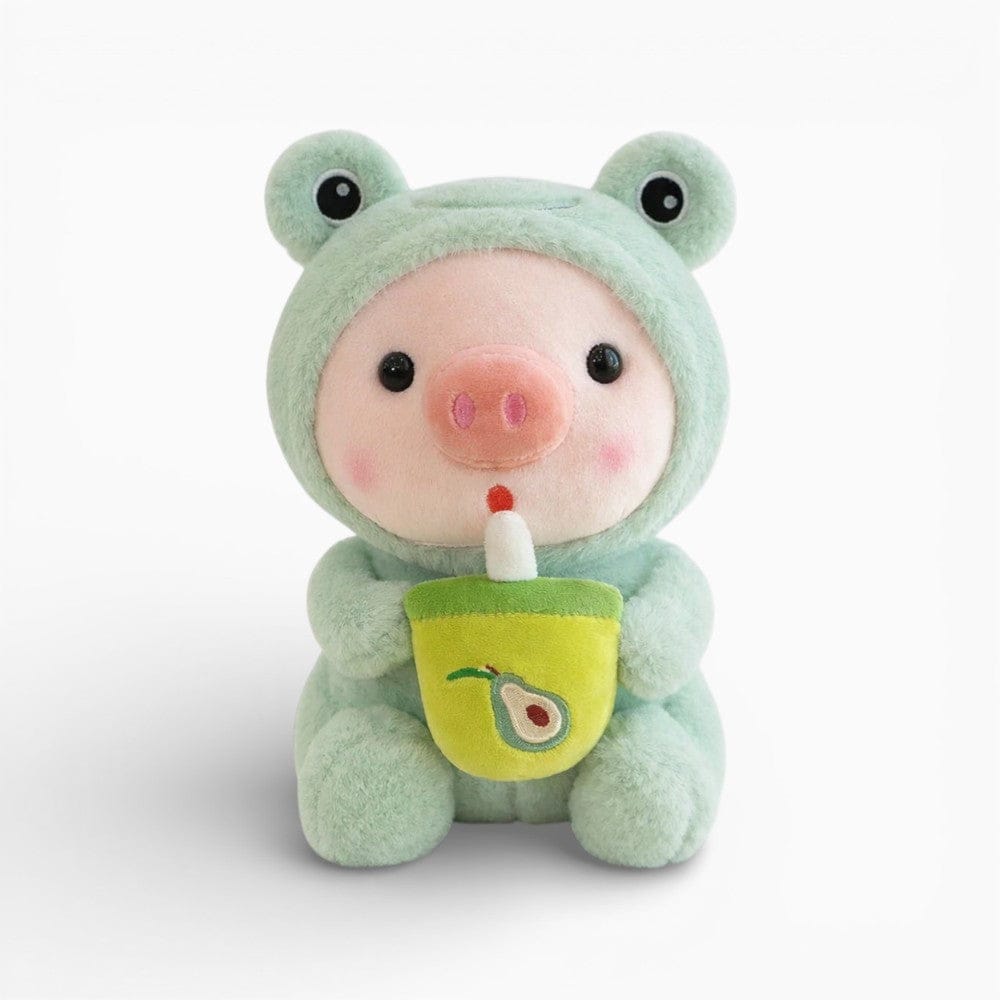 Pluschtierland Schweinchen-Plüschtier im Froschkostüm mit Bubble Tea Schweinchen-Plüschtier im Froschkostüm mit Bubble Tea