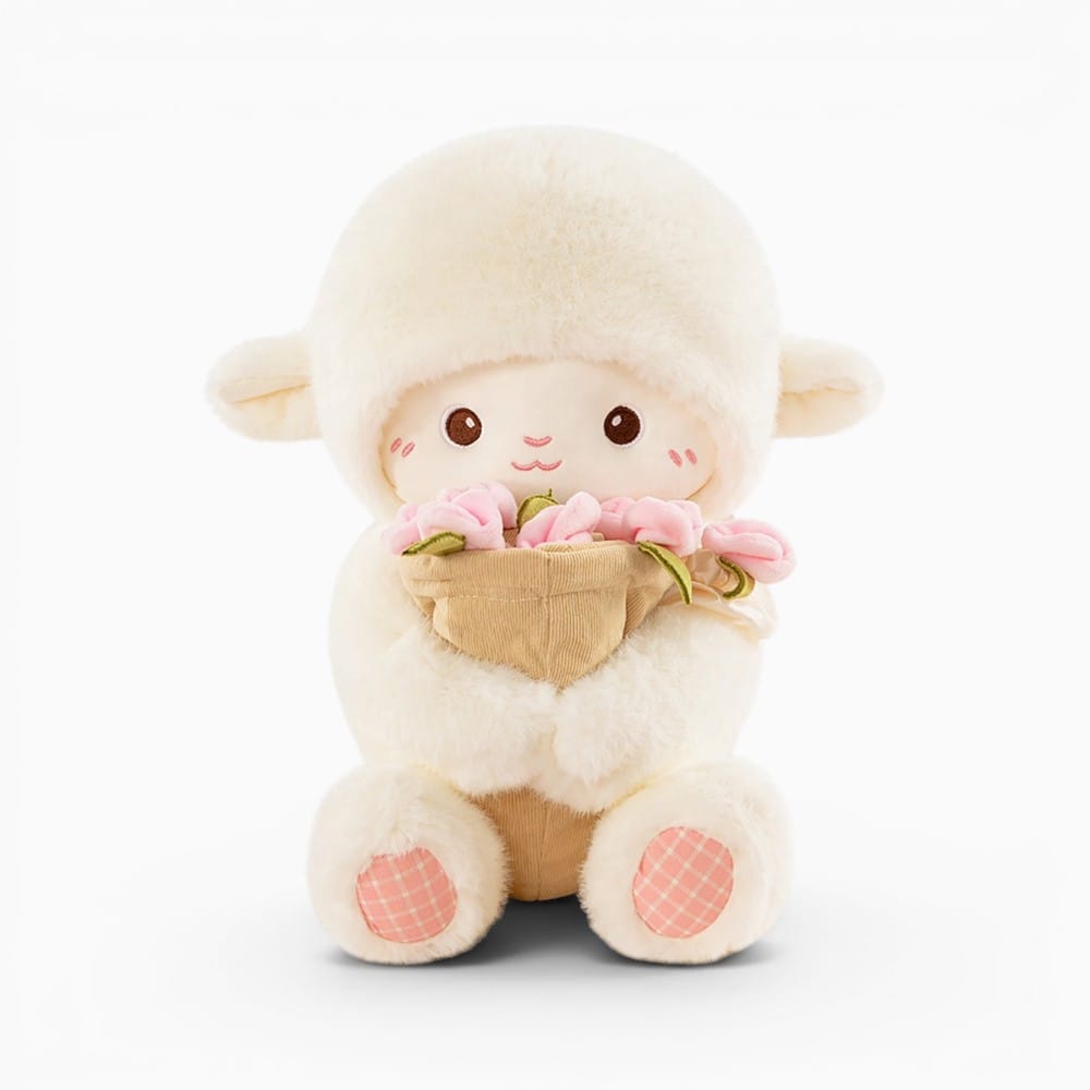 Pluschtierland Weiß Lamm Kuscheltier mit Rosa Blumen Weiß Lamm Kuscheltier mit Rosa Blumen
