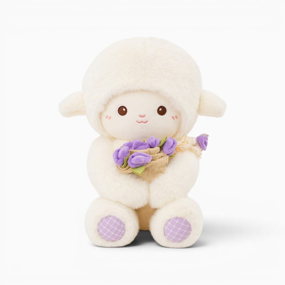 Pluschtierland Weiß Lamm Kuscheltier mit Violetten Blumen Weiß Lamm Kuscheltier mit Violetten Blumen